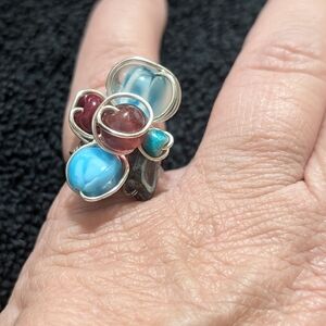 Handmade Multi Gemstone Cluster Ring Sterling Silver Statement Floral Size 7